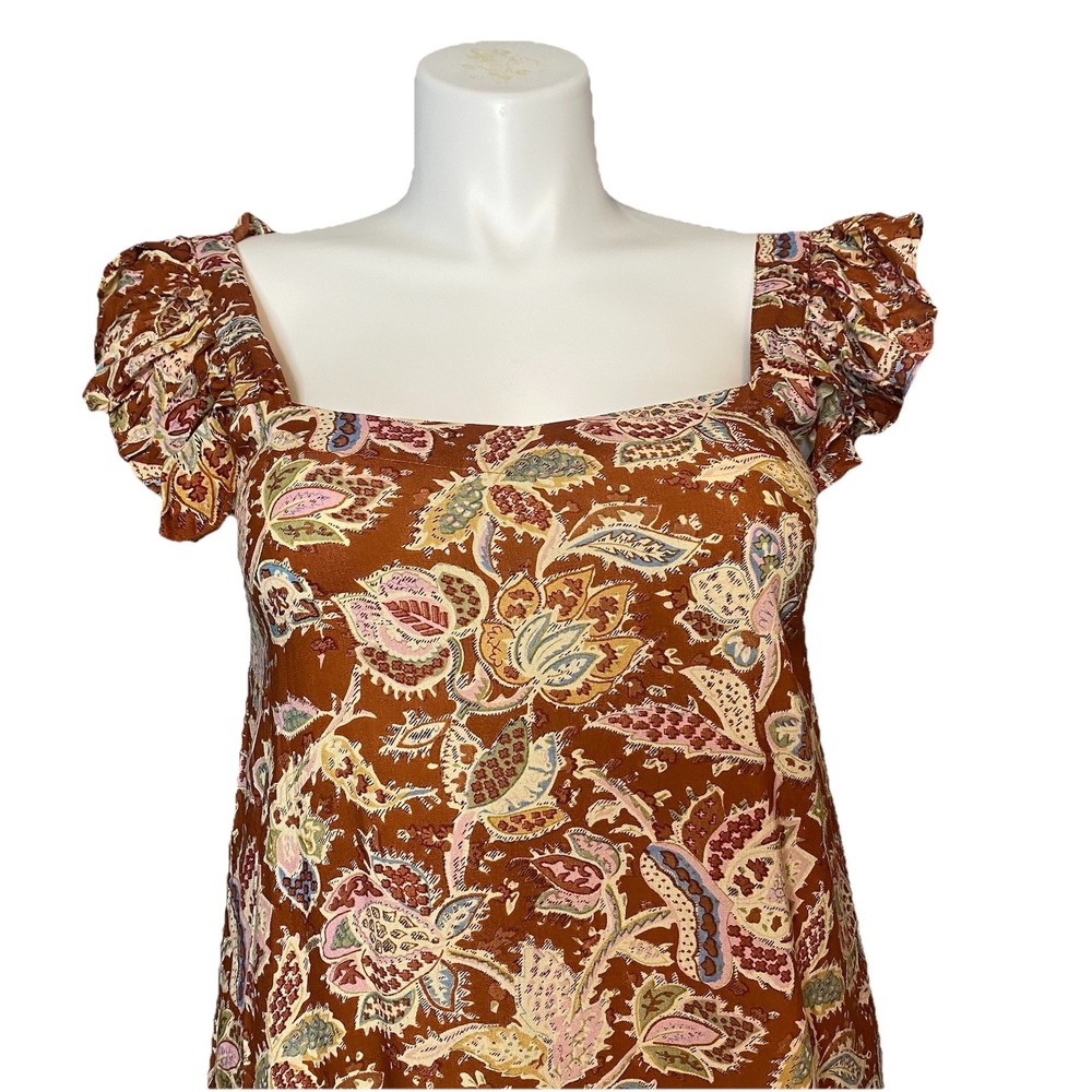 House Of Harlow Women's Maxi Tiered Ruffle Dress Sz M Rust Floral Flutter Sleeve - Picture 4 of 13